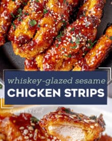 Crunchy chicken strips breaded simply and fried to crispy perfection, then tossed in a mouthwatering whiskey glaze! This copycat recipe tastes just like that appetizer from TGI Friday's, and is perfect for any party or fun dinner! #sesamejack #tgifridays #chickenstrips