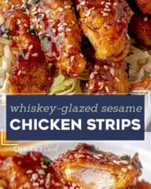 Crunchy chicken strips breaded simply and fried to crispy perfection, then tossed in a mouthwatering whiskey glaze! This copycat recipe tastes just like that appetizer from TGI Friday's, and is perfect for any party or fun dinner! #sesamejack #tgifridays #chickenstrips