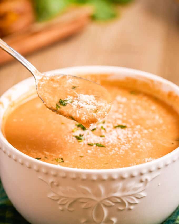 spoonful of creamy tomato basil soup