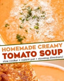 This bold and ultra flavorful Creamy Tomato Basil Soup is out of this world amazing! It uses a lot of pantry staple ingredients, and can easily be made in the slow cooker, Instant Pot, or right on your stovetop. You won't want canned tomato soup ever again! #tomatosoup #creamytomato #soup