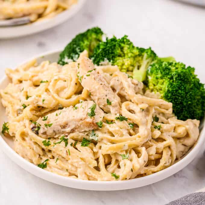 plate with fettuccine alfredo with chicken and broccoli