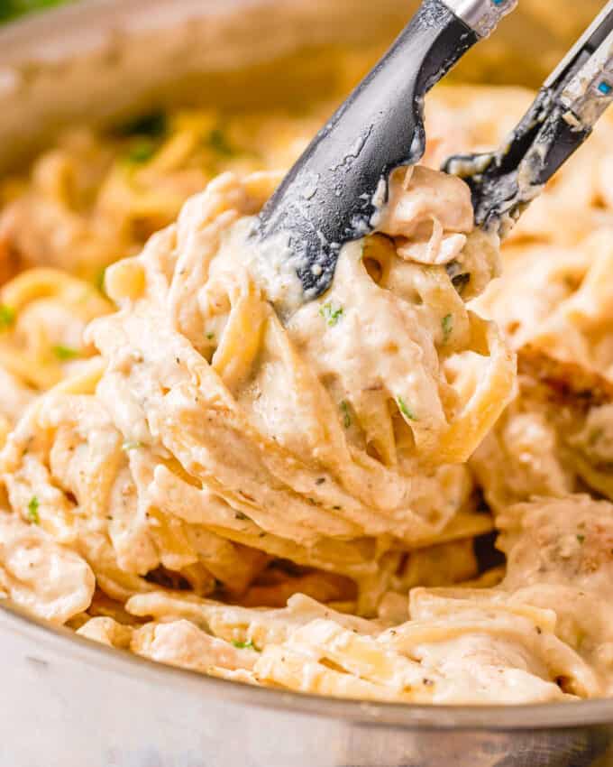 swirl of fettuccine pasta with creamy alfredo sauce