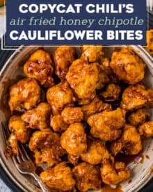These Honey Chipotle Air Fryer Cauliflower Bites are perfectly crispy, hearty, made easily in the air fryer, and coated in the most mouthwatering honey chipotle sauce! This recipe is a copycat of Chili's honey chipotle chicken crispers, but made vegetarian by using cauliflower instead of chicken. #cauliflower #airfryer #copycat #chilis