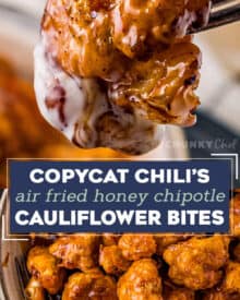 These Honey Chipotle Air Fryer Cauliflower Bites are perfectly crispy, hearty, made easily in the air fryer, and coated in the most mouthwatering honey chipotle sauce! This recipe is a copycat of Chili's honey chipotle chicken crispers, but made vegetarian by using cauliflower instead of chicken. #cauliflower #airfryer #copycat #chilis