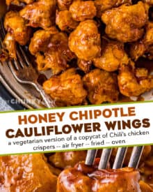 These Honey Chipotle Air Fryer Cauliflower Wings are perfectly crispy, hearty, made easily in the air fryer, and coated in the most mouthwatering honey chipotle sauce! This recipe is a copycat of Chili's honey chipotle chicken crispers, but made vegetarian by using cauliflower instead of chicken. #cauliflower #airfryer #copycat #chilis