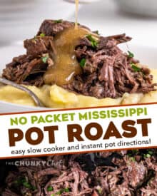 This Mississippi Pot Roast is made with no packets (from scratch), and is deliciously savory, buttery, and has the most beautiful tangy kick from the pepperoncini peppers! Made in the slow cooker or Instant Pot, it's a perfect family meal everyone will love. Great with mashed potatoes, in sandwiches, and more! #potroast #mississippi #beef #slowcooker