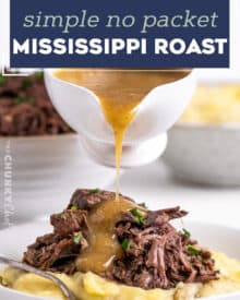 This Mississippi Pot Roast is made with no packets (from scratch), and is deliciously savory, buttery, and has the most beautiful tangy kick from the pepperoncini peppers! Made in the slow cooker or Instant Pot, it's a perfect family meal everyone will love. Great with mashed potatoes, in sandwiches, and more! #potroast #mississippi #beef #slowcooker