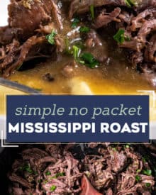 This Mississippi Pot Roast is made with no packets (from scratch), and is deliciously savory, buttery, and has the most beautiful tangy kick from the pepperoncini peppers! Made in the slow cooker or Instant Pot, it's a perfect family meal everyone will love. Great with mashed potatoes, in sandwiches, and more! #potroast #mississippi #beef #slowcooker
