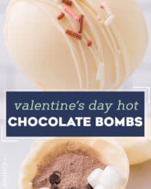 These Hot Chocolate Bombs are perfect for Valentine's Day, or can be decorated for any holiday! Beautiful spheres of white chocolate are filled with hot cocoa mix and marshmallows... just add one to a mug and top with warm milk for the perfect cold weather drink! #hotchocolate #bombs #valentinesday