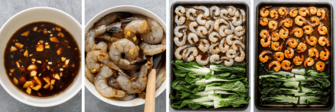 step by step how to make chili garlic sheet pan shrimp with baby bok choy