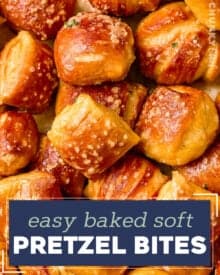 These Baked Soft Pretzel Bites are soft and chewy inside, with a crunchy, crackly exterior, and are absolutely fabulous dipped in beer cheese or mustard! Easier to make than you think, pretzel bites are so much better than anything store-bought! #softpretzels #pretzelbites #baked