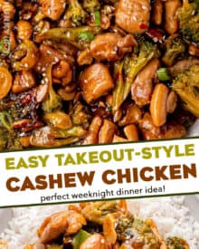 Tender chicken pieces are stir-fried with broccoli (or your favorite veggies), tossed in a savory sauce that's cooked down to a sticky sauce that perfectly coats the chicken! Made in one skillet, and ready in about 30 minutes, it's the ultimate weeknight dinner idea. Skip the takeout and make your own! #cashewchicken #chickenstirfry