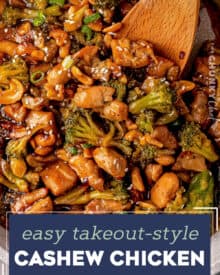 Tender chicken pieces are stir-fried with broccoli (or your favorite veggies), tossed in a savory sauce that's cooked down to a sticky sauce that perfectly coats the chicken! Made in one skillet, and ready in about 30 minutes, it's the ultimate weeknight dinner idea. Skip the takeout and make your own! #cashewchicken #chickenstirfry