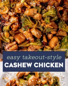 Tender chicken pieces are stir-fried with broccoli (or your favorite veggies), tossed in a savory sauce that's cooked down to a sticky sauce that perfectly coats the chicken! Made in one skillet, and ready in about 30 minutes, it's the ultimate weeknight dinner idea. Skip the takeout and make your own! #cashewchicken #chickenstirfry