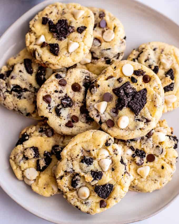 cookies and cream cake mix cookies on white plate