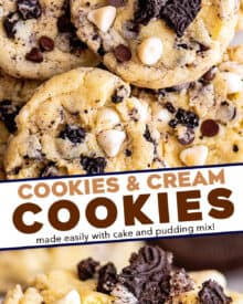 These Cookies and Cream Cookies are made with cake and instant pudding mix, and stuffed with plenty of Oreo cookies. Easy dessert recipes like this are great when you want a treat, but also want a baking shortcut!
