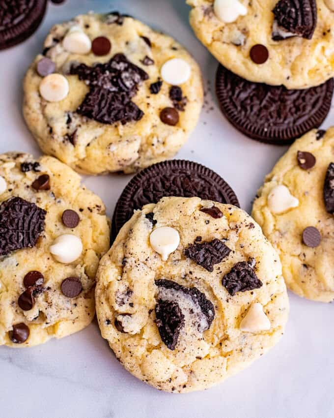 oreo cake mix cookies scattered on white table