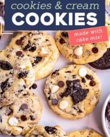 These Cookies and Cream Cookies are made with cake and instant pudding mix, and stuffed with plenty of Oreo cookies. Easy dessert recipes like this are great when you want a treat, but also want a baking shortcut!