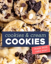 These Cookies and Cream Cookies are made with cake and instant pudding mix, and stuffed with plenty of Oreo cookies. Easy dessert recipes like this are great when you want a treat, but also want a baking shortcut!