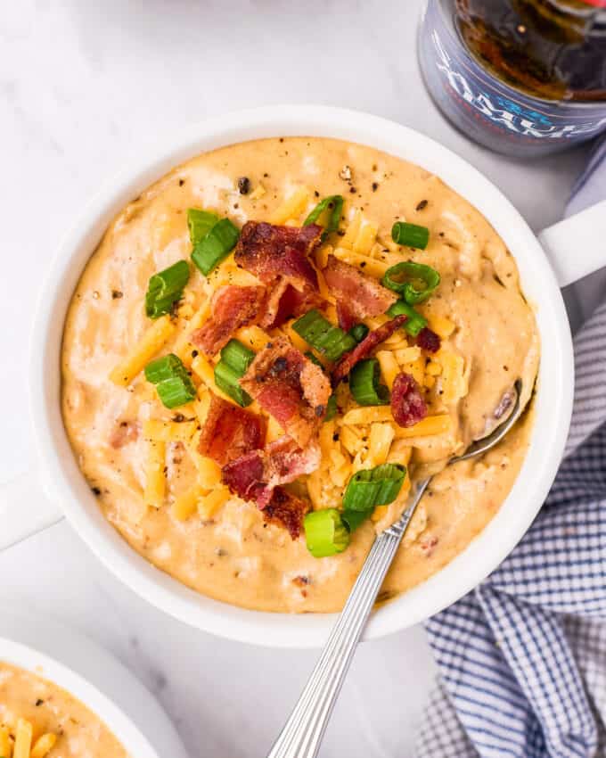 bowl of beer cheese soup with spoon and garnishes