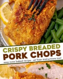 These breaded pork chops are baked to juicy perfection and ready in about 30 minutes! Pork chops are slathered with a thin layer of mayonnaise (which keeps the meat super moist), and breaded with a perfectly seasoned breadcrumb/Parmesan cheese mixture. #porkchops #shakeandbake