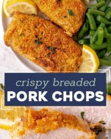 These breaded pork chops are baked to juicy perfection and ready in about 30 minutes! Pork chops are slathered with a thin layer of mayonnaise (which keeps the meat super moist), and breaded with a perfectly seasoned breadcrumb/Parmesan cheese mixture. #porkchops #shakeandbake