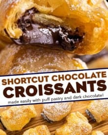 This shortcut version of the French classic, chocolate croissants, or pain au chocolat, is sinfully delicious right out of the oven! Store-bought puff pastry dough makes this recipe accessible to bakers of all confidence levels, and they're a perfect weekend breakfast treat! #chocolate #croissant #painauchocolat #baking