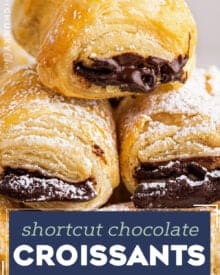 This shortcut version of the French classic, chocolate croissants, or pain au chocolat, is sinfully delicious right out of the oven! Store-bought puff pastry dough makes this recipe accessible to bakers of all confidence levels, and they're a perfect weekend breakfast treat! #chocolate #croissant #painauchocolat #baking