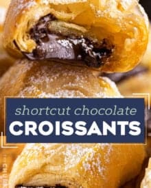 This shortcut version of the French classic, chocolate croissants, or pain au chocolat, is sinfully delicious right out of the oven! Store-bought puff pastry dough makes this recipe accessible to bakers of all confidence levels, and they're a perfect weekend breakfast treat! #chocolate #croissant #painauchocolat #baking