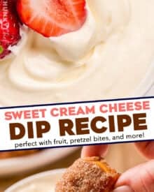 This perfect Sweet Cream Cheese Dip is so easy to make, with only 6 ingredients (including salt). Perfect for any fruit, or some cinnamon sugar soft pretzel bites, it's smooth, silky, and oh so creamy!