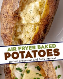 Baked Potatoes made in the air fryer are absolutely the best! Potatoes are rubbed with a garlic herb salt rub, then cooked to perfection in the air fryer, without having to heat up your whole house with the oven. Ultra crispy and flavorful skins and fluffy creamy insides... ready to eat!