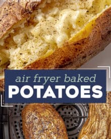 Baked Potatoes made in the air fryer are absolutely the best! Potatoes are rubbed with a garlic herb salt rub, then cooked to perfection in the air fryer, without having to heat up your whole house with the oven. Ultra crispy and flavorful skins and fluffy creamy insides... ready to eat!