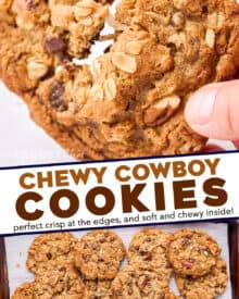 These Cowboy Cookies are absolutely loaded with chocolate, oats, pecans and coconut. Deliciously chewy, these jumbo cookies are perfect for satisfying a sweet tooth, and the dough doesn't require chilling!