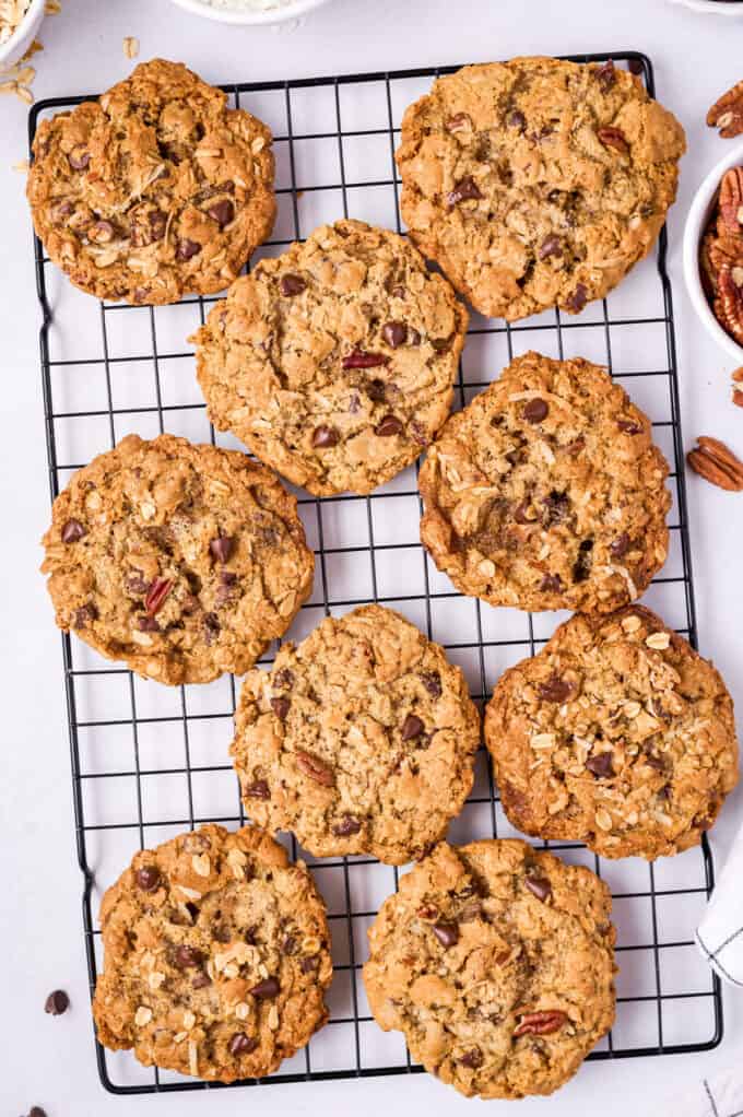 cowboy cookies on wire cooling rack after baking