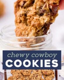 These Cowboy Cookies are absolutely loaded with chocolate, oats, pecans and coconut. Deliciously chewy, these jumbo cookies are perfect for satisfying a sweet tooth, and the dough doesn't require chilling!