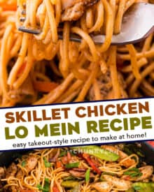 Better than takeout, this Chicken Lo Mein recipe comes together quickly, in one skillet, and is full of juicy chicken, tender lo mein noodles, and crisp tender veggies, all coated in a silky savory sauce!