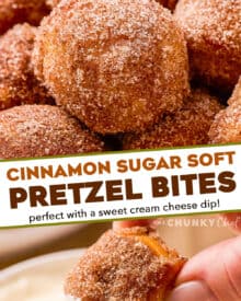 These Cinnamon Sugar Soft Pretzel Bites are soft and chewy inside, with a crunchy, crackly exterior, dipped in butter and rolled in a mixture of cinnamon and sugar! Perfectly buttery and sweet, and amazing with a sweet cream cheese dip!