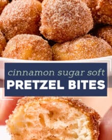 These Cinnamon Sugar Soft Pretzel Bites are soft and chewy inside, with a crunchy, crackly exterior, dipped in butter and rolled in a mixture of cinnamon and sugar! Perfectly buttery and sweet, and amazing with a sweet cream cheese dip!
