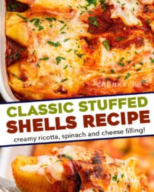 Pasta shells are stuffed with a cheesy ricotta, spinach and garlic filling, then smothered in marinara sauce and mozzarella cheese and baked until bubbly and golden brown! Perfect as a make-ahead dinner idea, and it's freezer-friendly as well.