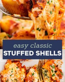 Pasta shells are stuffed with a cheesy ricotta, spinach and garlic filling, then smothered in marinara sauce and mozzarella cheese and baked until bubbly and golden brown! Perfect as a make-ahead dinner idea, and it's freezer-friendly as well.