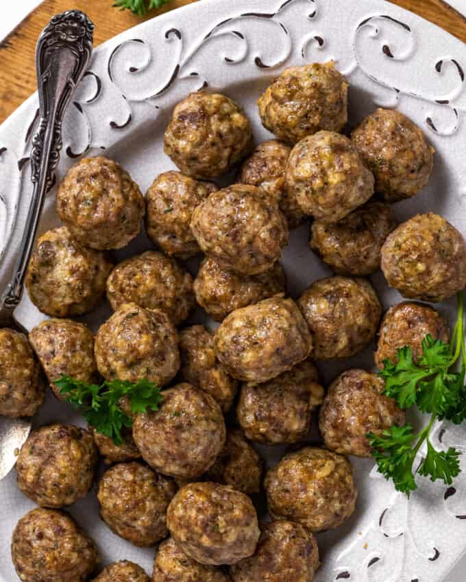 pile of meatballs on white platter