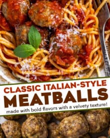 These Classic Italian-Style Meatballs are juicy and melt-in-your-mouth tender! Made with three types of meat, a panade, and packed with bold flavors, these meatballs are perfect to make ahead, freeze, or meal prep!