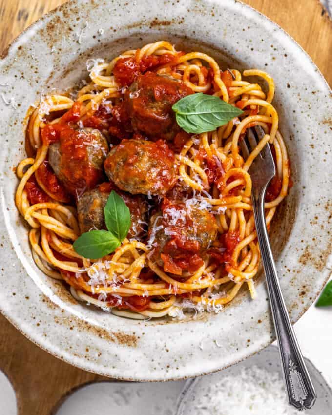 overhead view of a bowl of spaghetti and meatballs