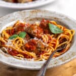 bowl of spaghetti and Italian meatballs with basil and parmesan cheese
