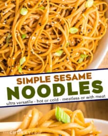 These sesame noodles have a rich sauce that's savory with a hint of spice and sweetness. They're made quickly, can be served hot or cold, and are perfect as a side dish or add some veggies and protein for an easy main dish!