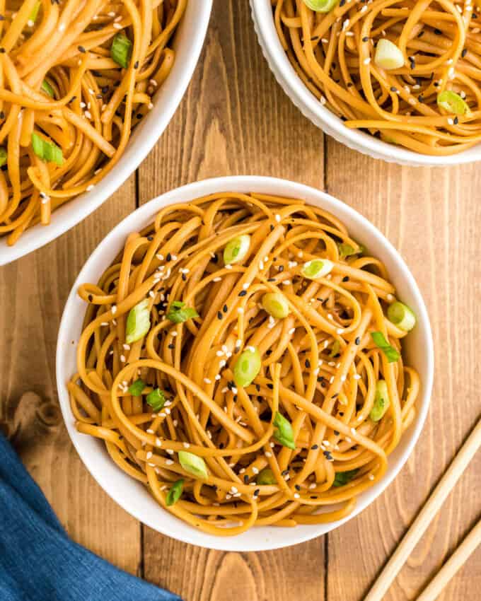 three bowls of sesame noodles