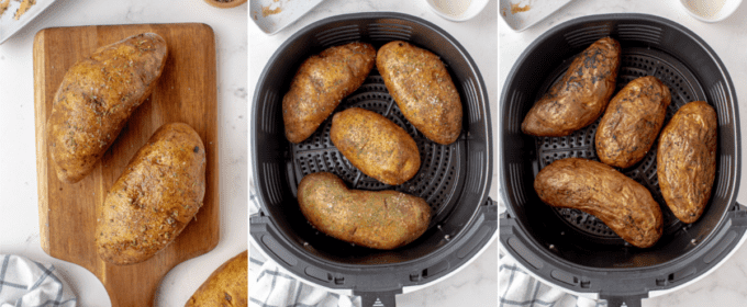 step by step photo collage of how to make air fryer baked potatoes