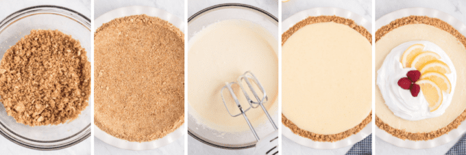 step by step photo collage of how to make lemon pie