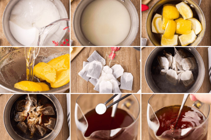 step by step photos showing how to make sweet tea with lemon