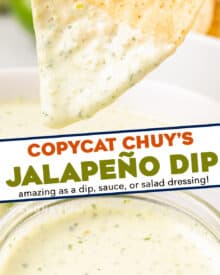 This bold and amazing creamy jalapeño dip is a very close copycat of the dip/sauce served at Chuy's restaurant. The tangy dip has just the right level of heat, and a creamy ranch flavor. You'll want to dip and drizzle this sauce on absolutely everything!